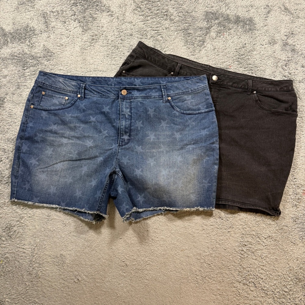 Faded Glory Womens Denim Shorts Pack 26W Blue Stars Black Stretch Cotton Blend